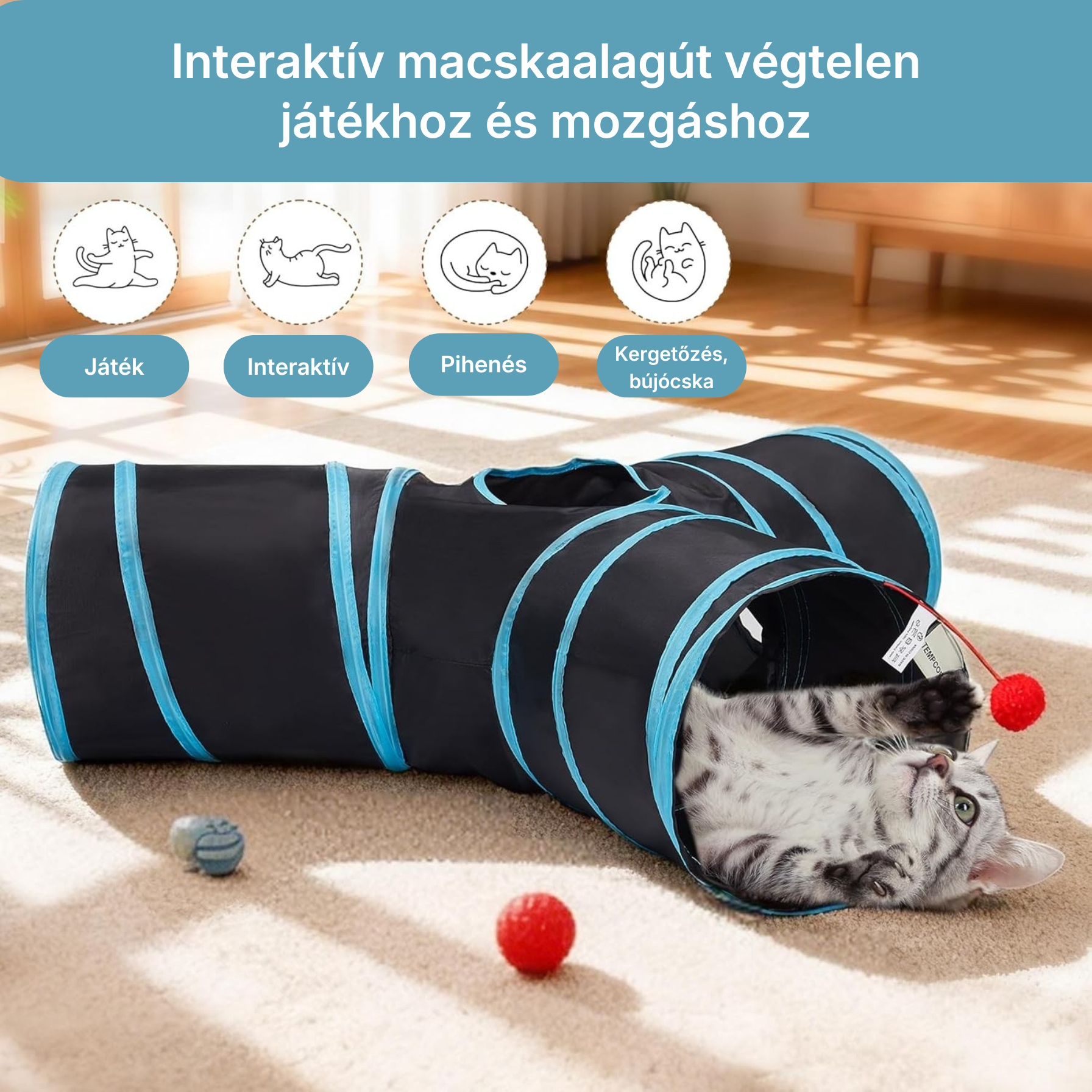 Catzy Hider – Összecsukható Interaktív Bújó Alagút Macskajáték