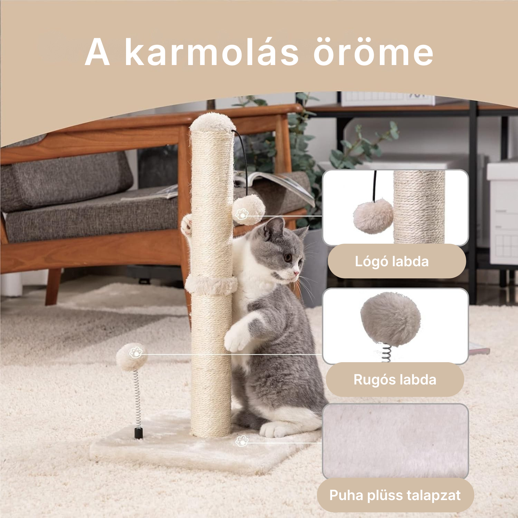Catzy Tower - Oszlop Alakú Kaparófa Labdával (88cm)