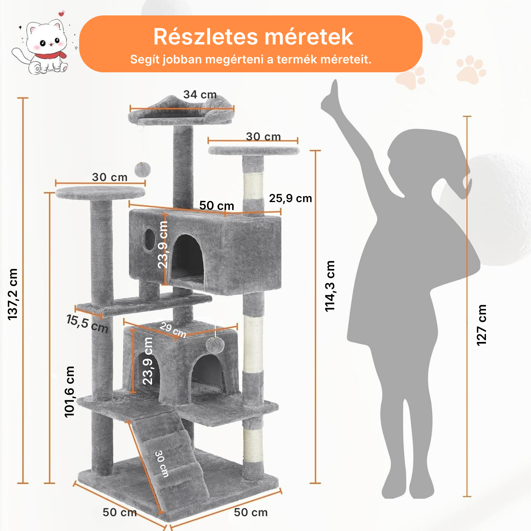 Catzy Kingdom – Többszintes Macska Játszótorony Kaparóoszlopokkal (135cm)