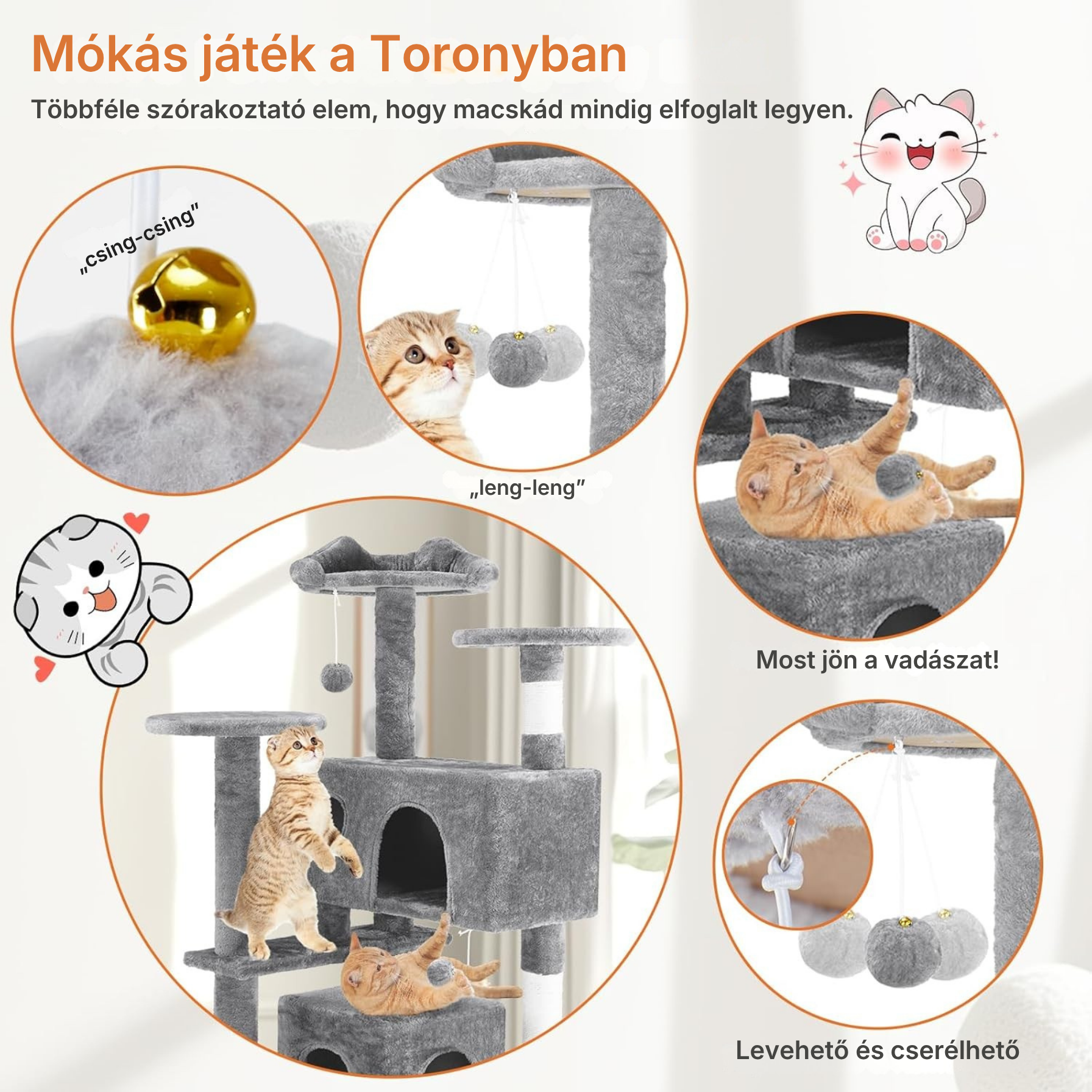 Catzy Kingdom – Többszintes Macska Játszótorony Kaparóoszlopokkal (135cm)
