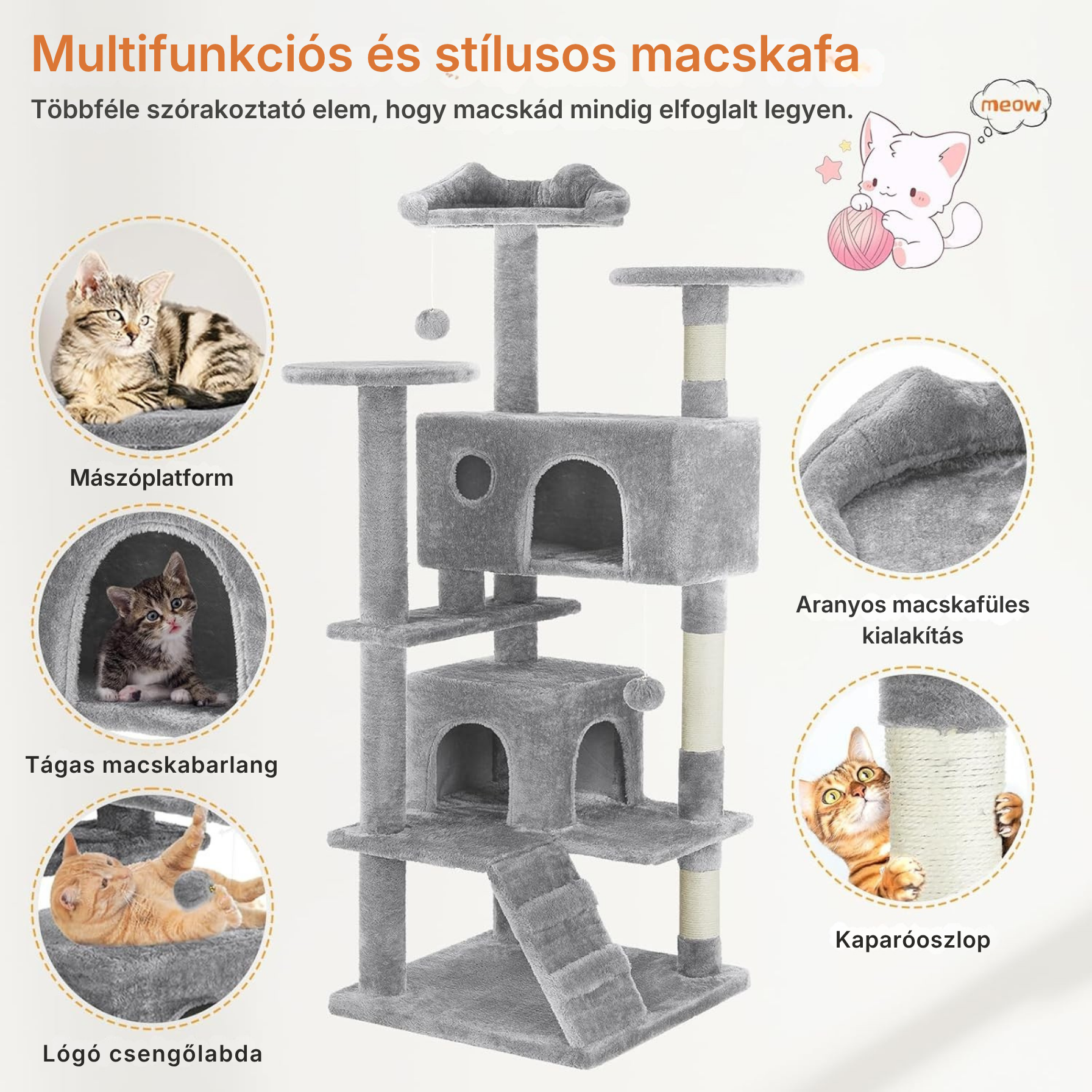 Catzy Kingdom – Többszintes Macska Játszótorony Kaparóoszlopokkal (135cm)